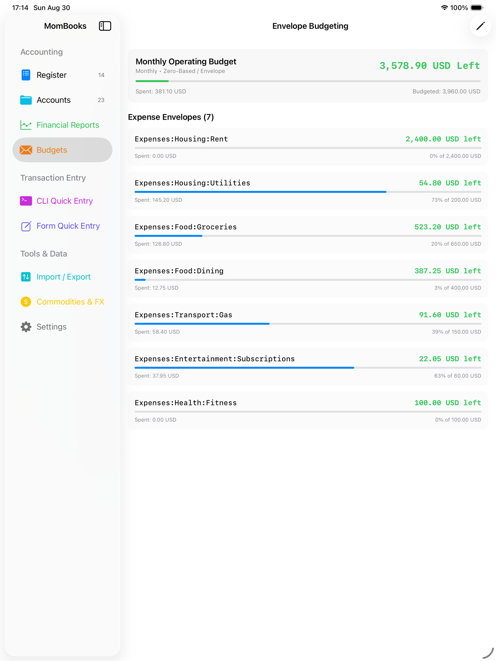 Envelope budgets on iPad