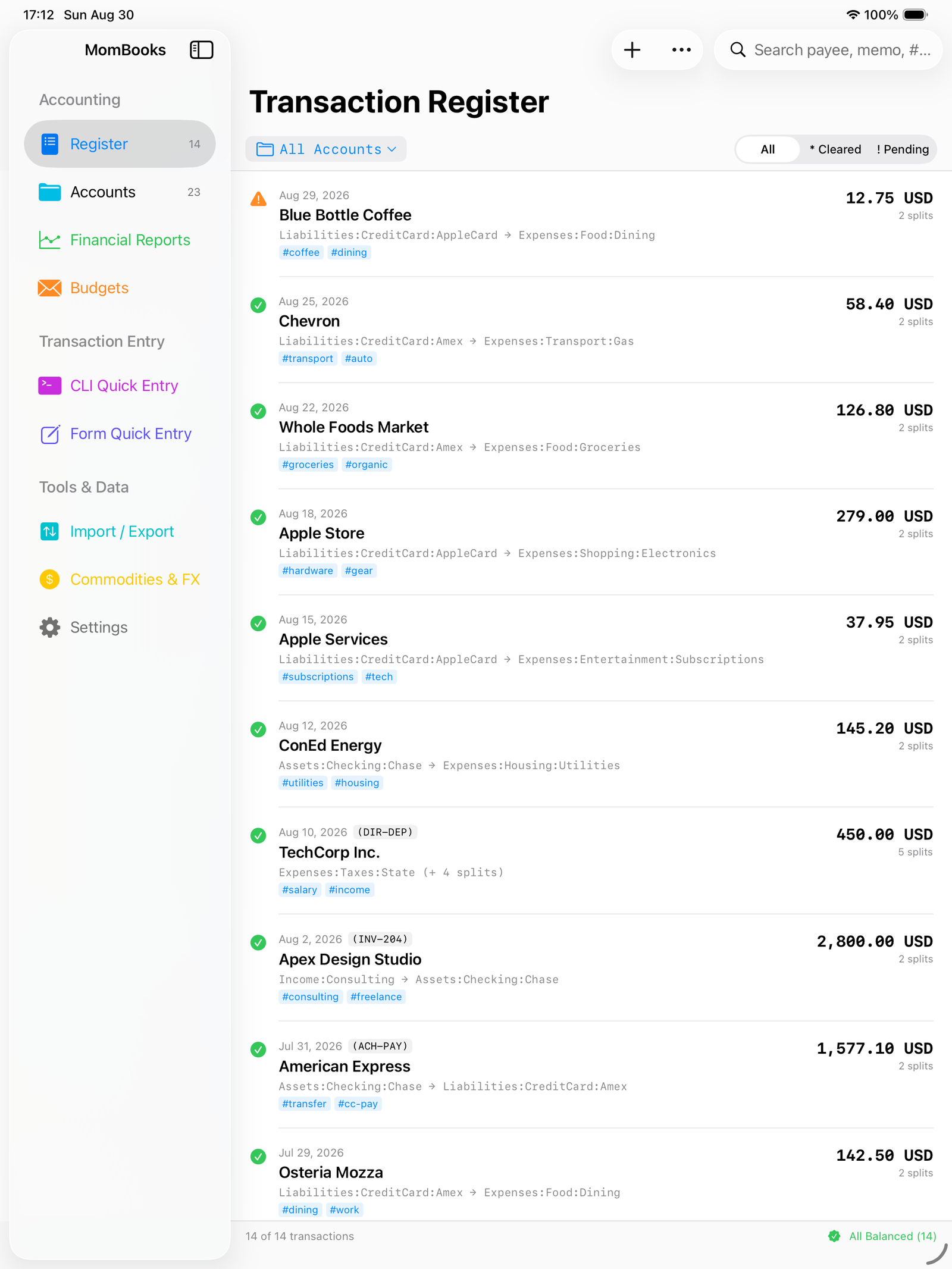 Transaction register on iPad