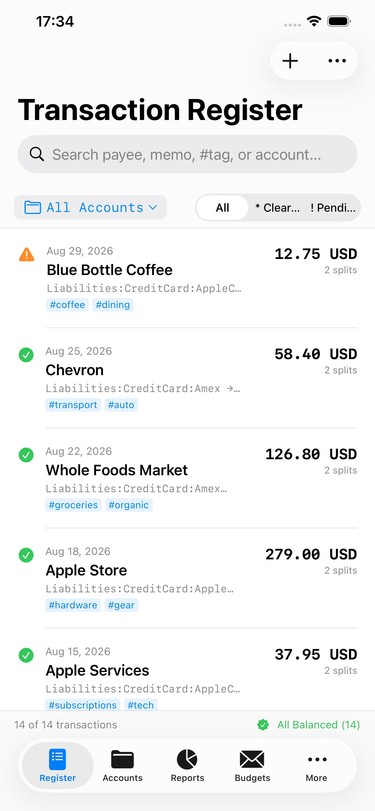 Transaction register on iPhone